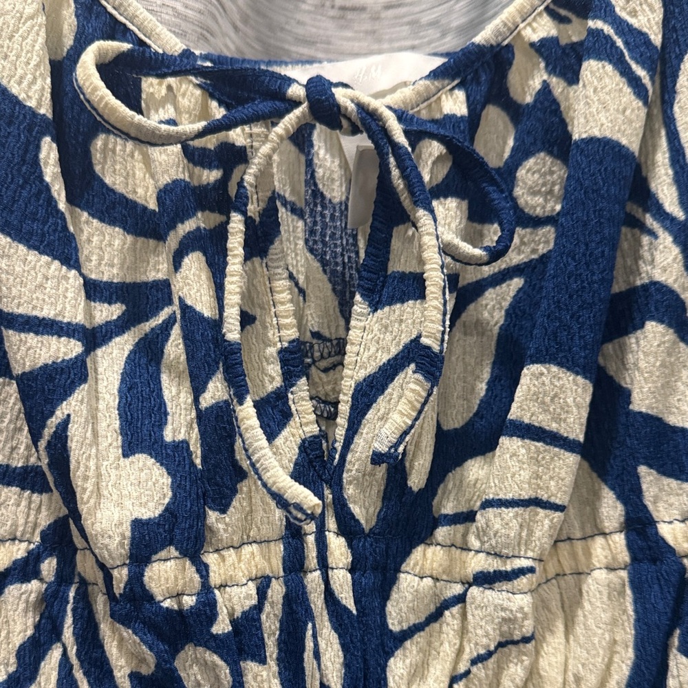 H&M Blue and Cream Leaf Print Midi Dress - Picture 3 of 7